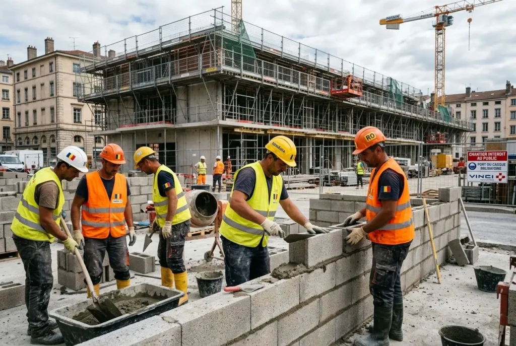 Gros plan de travailleurs sur un chantier de construction, posant des blocs de béton et mélangeant du mortier, avec un bâtiment en construction et des grues en arrière-plan. texte: coût travailleur détaché roumain intégré.