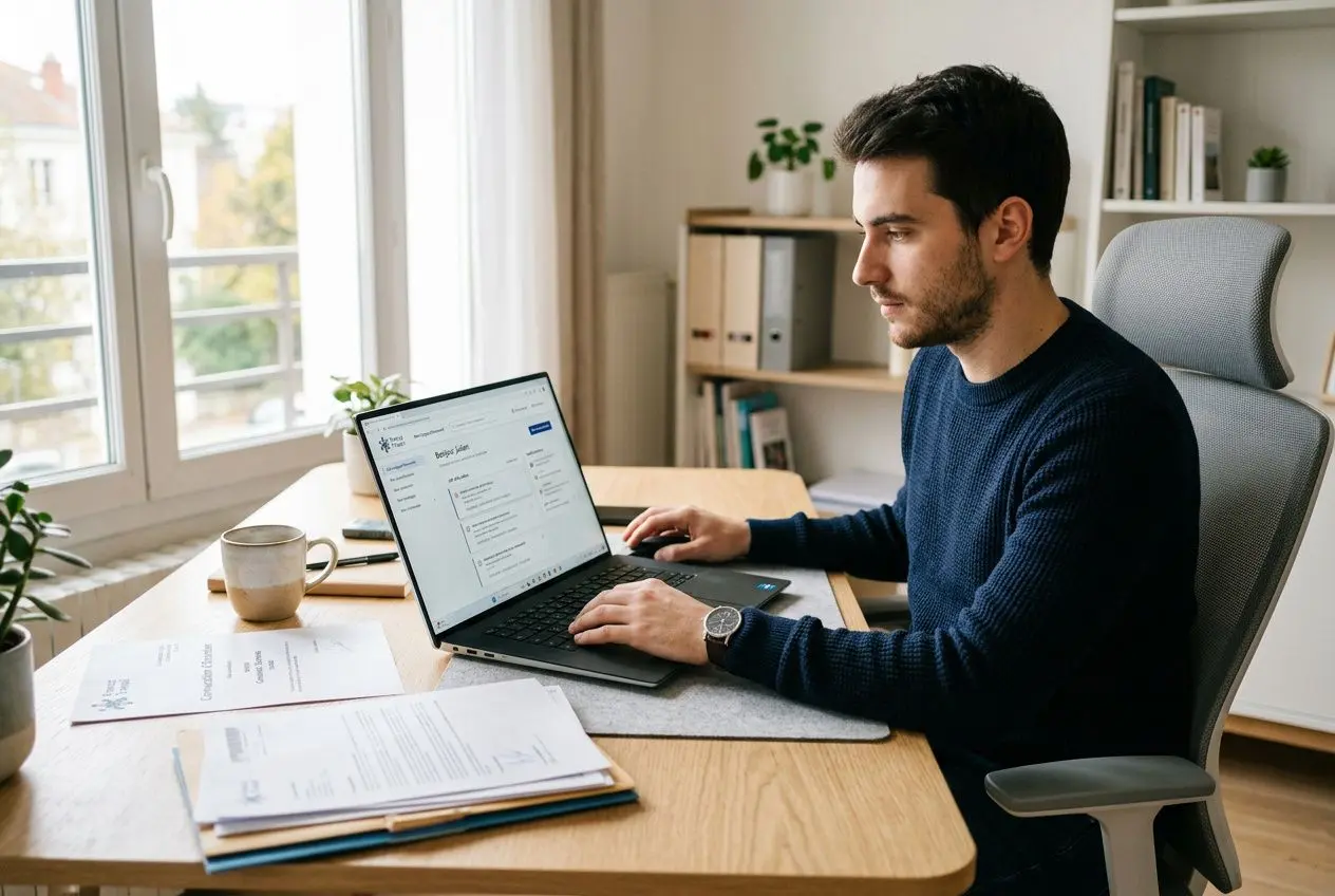 Homme travaillant sur un ordinateur portable à domicile, près de la fenêtre, avec documents et tasse sur le bureau; illustration d’aide à la mobilité france travail.