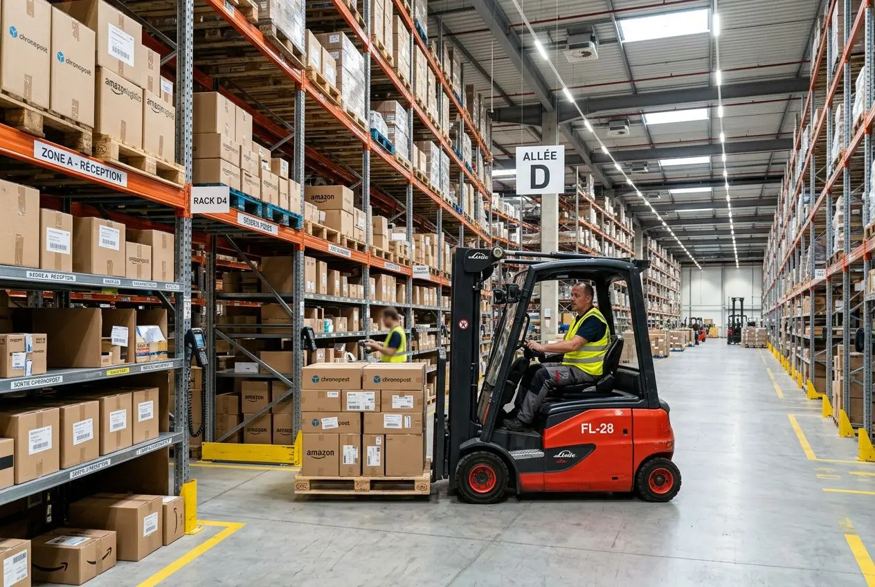 Opérateur de chariot élévateur rouge en entrepôt, stockages sur racks hauts et cartons étiquetés prêts à être expédiés. Alt en lien avec les métiers de la logistique.