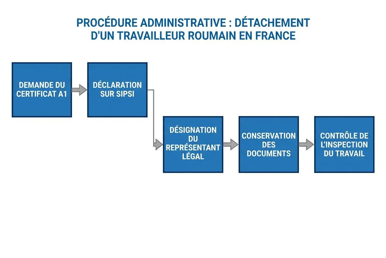 Procédure administrative : détachement d'un travailleur roumain en France, diagramme de l’étape “Demande du certificat A1” à “Contrôle de l’inspection du travail”. Coût travailleur détaché roumain intégré.
