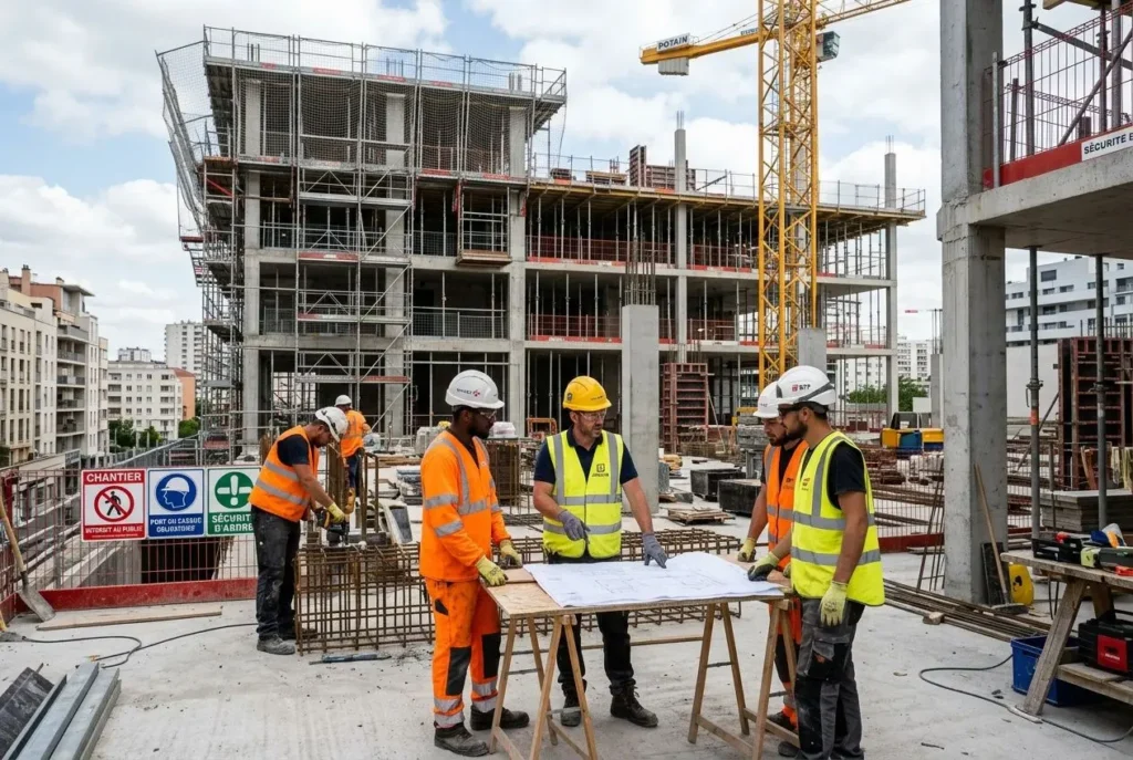 Quatre travailleurs sur un chantier de bâtiment discutant autour d’un plan, avec une structure en béton et une grue en arrière-plan, illustration de la formation btp.
