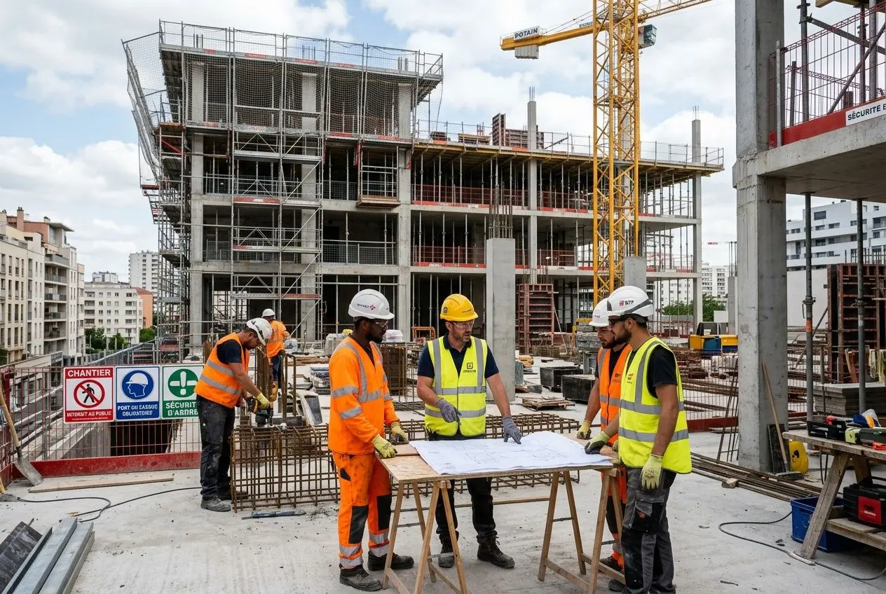 Quatre travailleurs sur un chantier de bâtiment discutant autour d’un plan, avec une structure en béton et une grue en arrière-plan, illustration de la formation btp.