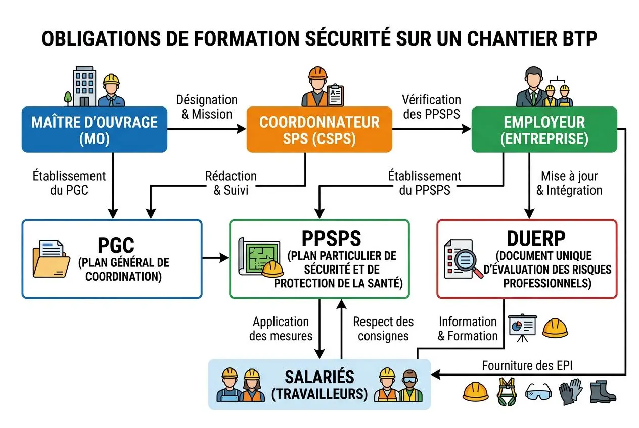 Schéma des obligations de formation sécurité sur un chantier BTP montrant les acteurs (MO, coordonnateur SPS, employeur), les plans (PGR, PPSPS), et le salarié, lié à la formation et à l’évaluation des risques. Formation btp au cœur du processus.