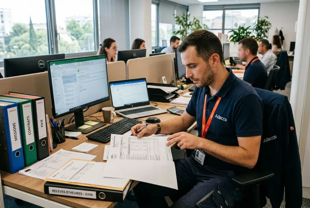 Agent d’intérim travaillant sur ordinateur, remplissant des relevés d’heures, rubrique “relevés d’heures - Juin”, au bureau. heures supplémentaires interim visible.