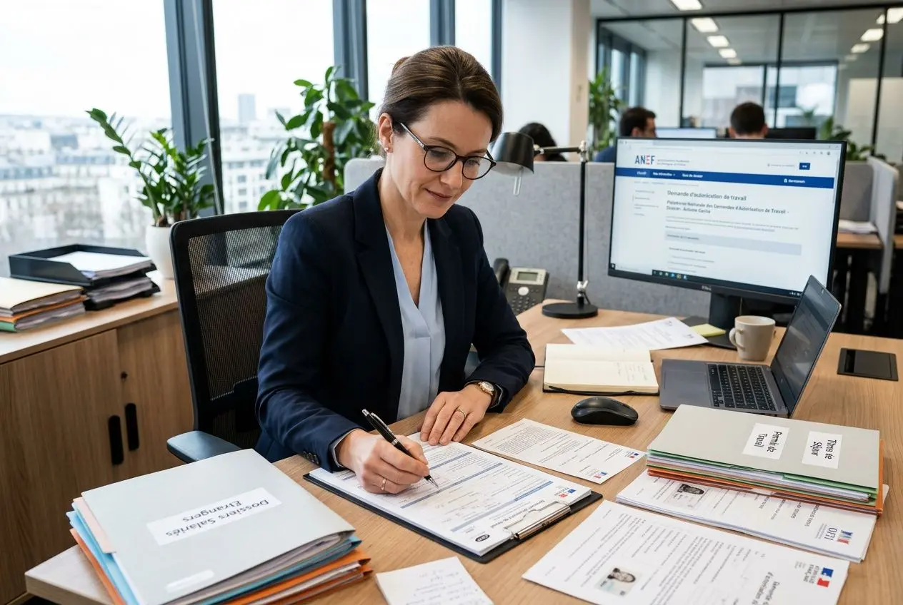 Assistante en bureau vérifiant et remplissant les formalités administratives travailleurs étrangers, avec documents et ordinateur affichant un site officiel.