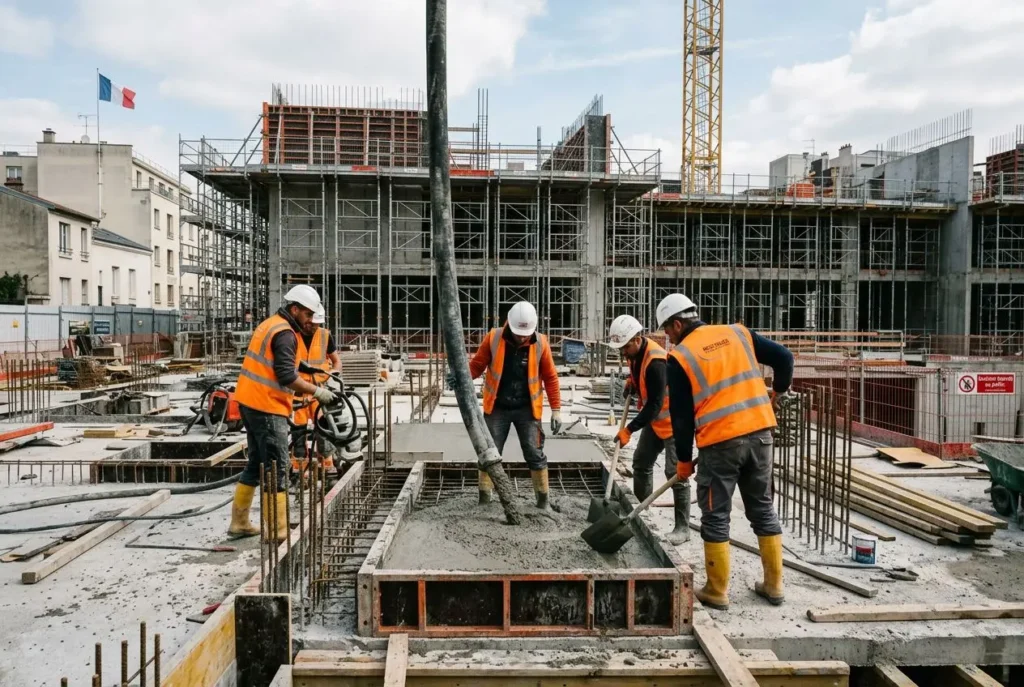 Chantiers BTP: ouvriers en gilet orange et casques posant et nivelant du béton sur une construction sans diplôme requis, en chantier. Travailler dans le btp sans formation.