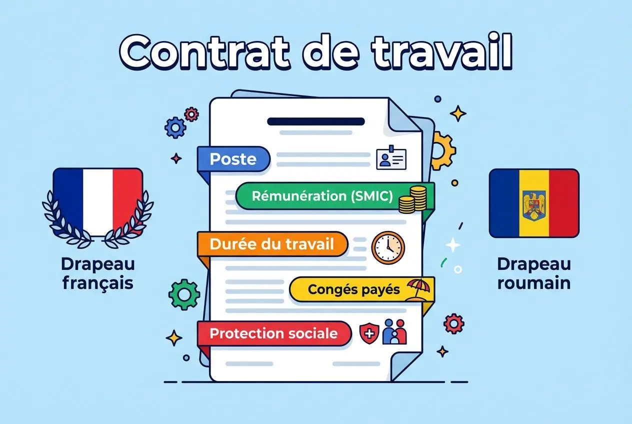 Contrat de travail illustré: éléments clés (rémunération, durée du travail, congés payés, protection sociale) avec drapeaux français et roumain.