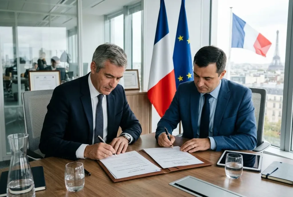 Deux hommes en costumes signent des documents dans un bureau, avec drapeaux France et Union européenne en arrière-plan. contrat travailleur détaché visible?