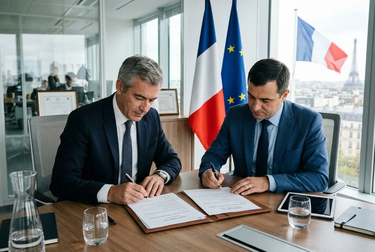 Deux hommes en costumes signent des documents dans un bureau, avec drapeaux France et Union européenne en arrière-plan. contrat travailleur détaché visible?