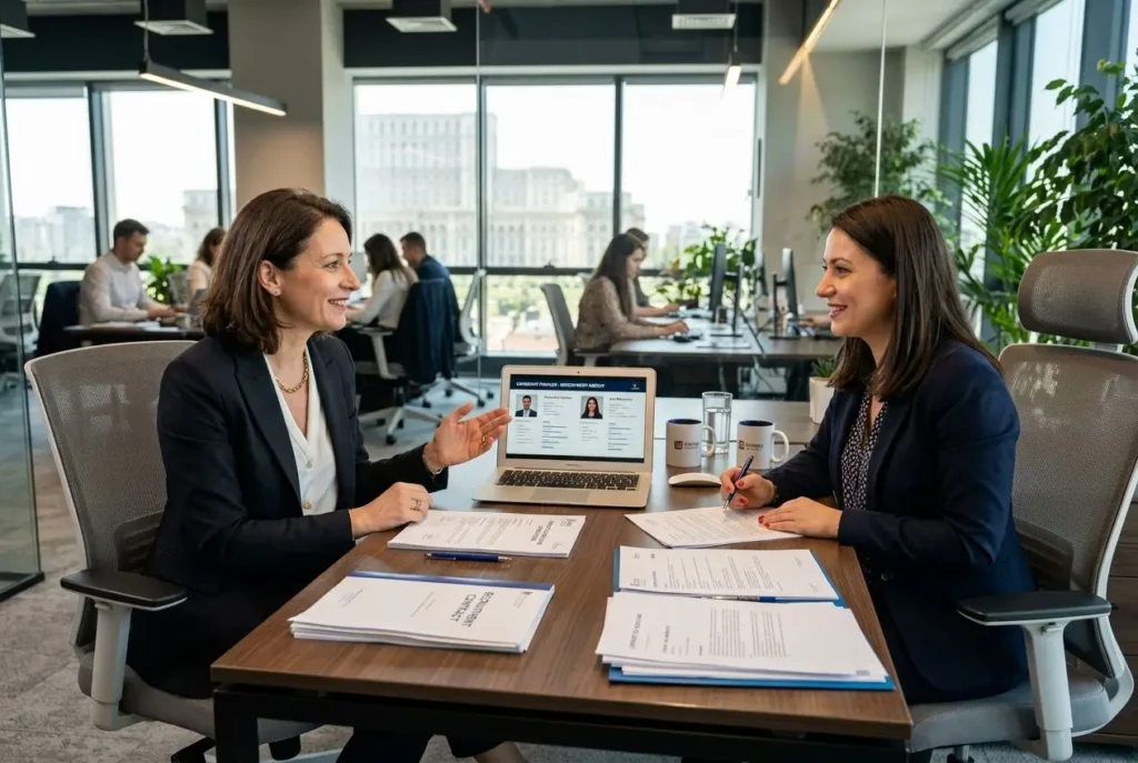 Deux professionnelles souriantes discutent lors d’un entretien d’embauche dans un bureau moderne, avec un ordinateur affichant des profils et des documents sur la table. agence intérim roumaine france