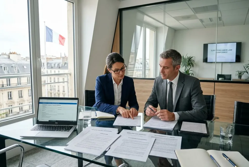 Deux professionnels en réunion sur une table avec documents et ordinateur, discutant d’une démarche de « déclaRATION préalable travailleur détaché » dans un bureau lumineux.