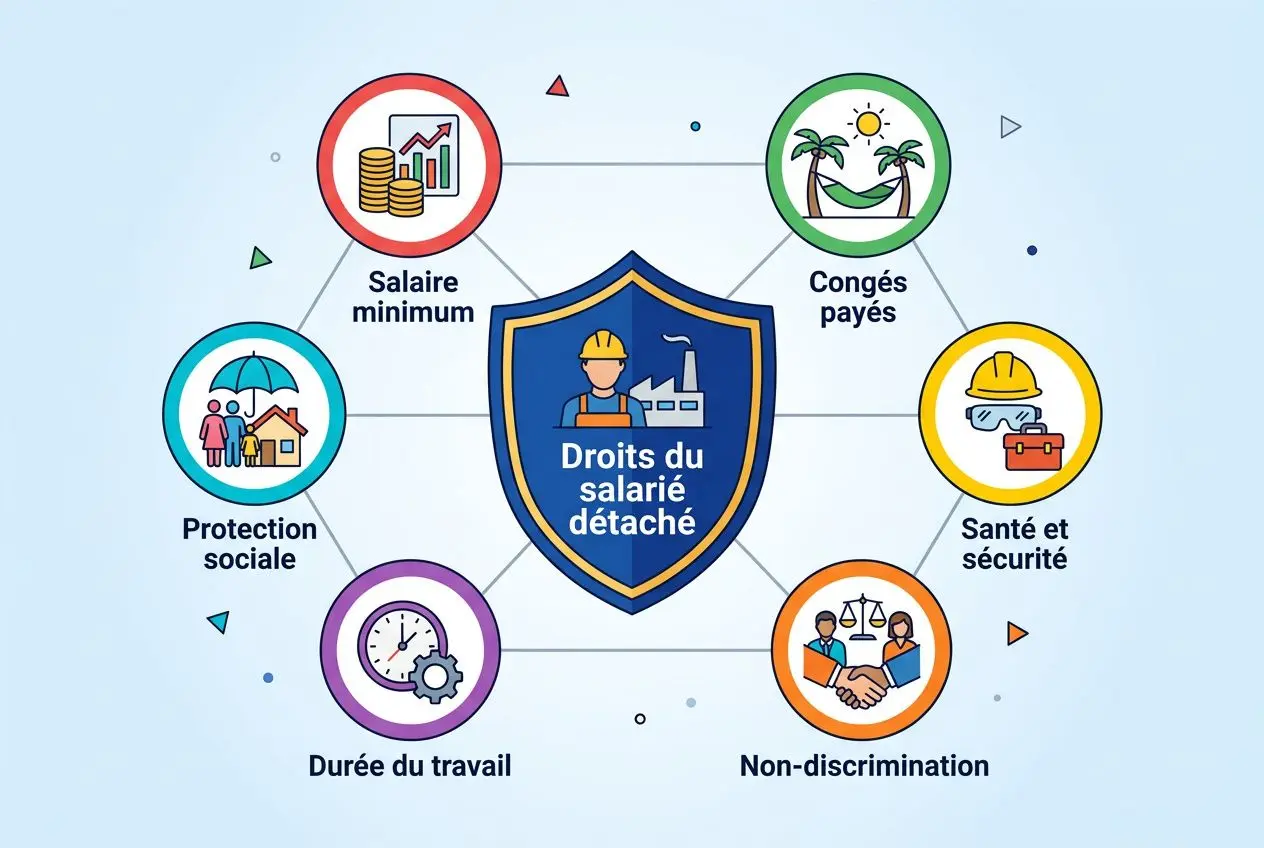 Diagramme illustrant les droits du salarié détaché: protection sociale, durée du travail, contrat travailleur détaché et obligations de l’employeur, non-discrimination, congés payés, santé et sécurité.
