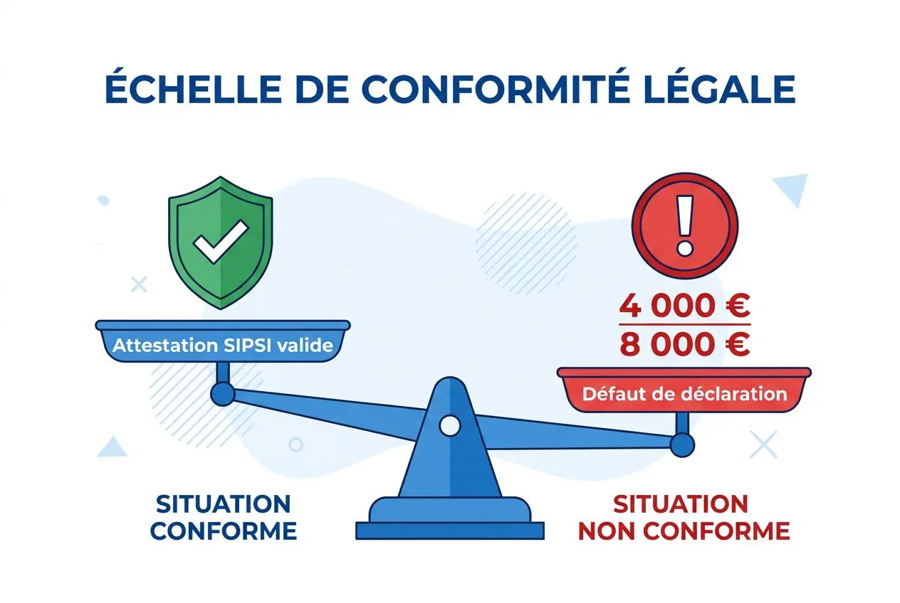 ÉCHELLE DE CONFORMITÉ LÉGALE montrant "Attestation SIPSI valide" en équilibre avec "Défaut de déclaration" et chiffres 4 000 € / 8 000 €, illustrant Situation conforme vs non conforme avec le texte intégré: déclaration préalable travailleur détaché.