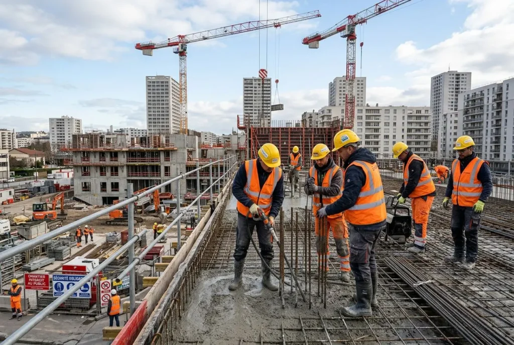 Groupe d’ouvriers du BTP sur un chantier, pose de béton et structure en acier, gris et gris clair, tours et grue en arrière-plan. intégration: les métiers du btp qui recrutent.