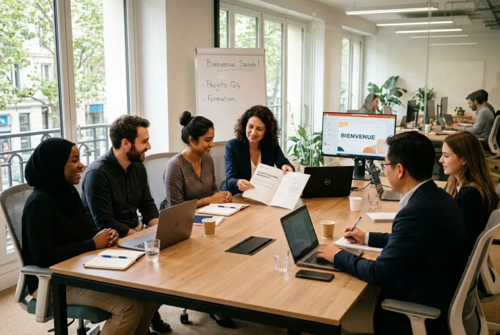 Groupe de sept personnes autour d’une table de réunion, échange et sourire, présentation d’un document par une femme au centre; ambiance professionnelle et accueil des travailleurs étrangers en entreprise. intégration travailleurs étrangers.
