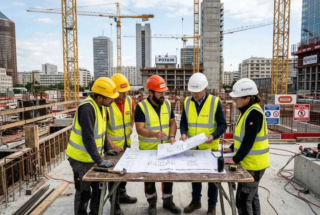 Groupe de travailleurs détachés français sur un chantier, planifiant à partir de plans et documents techniques.