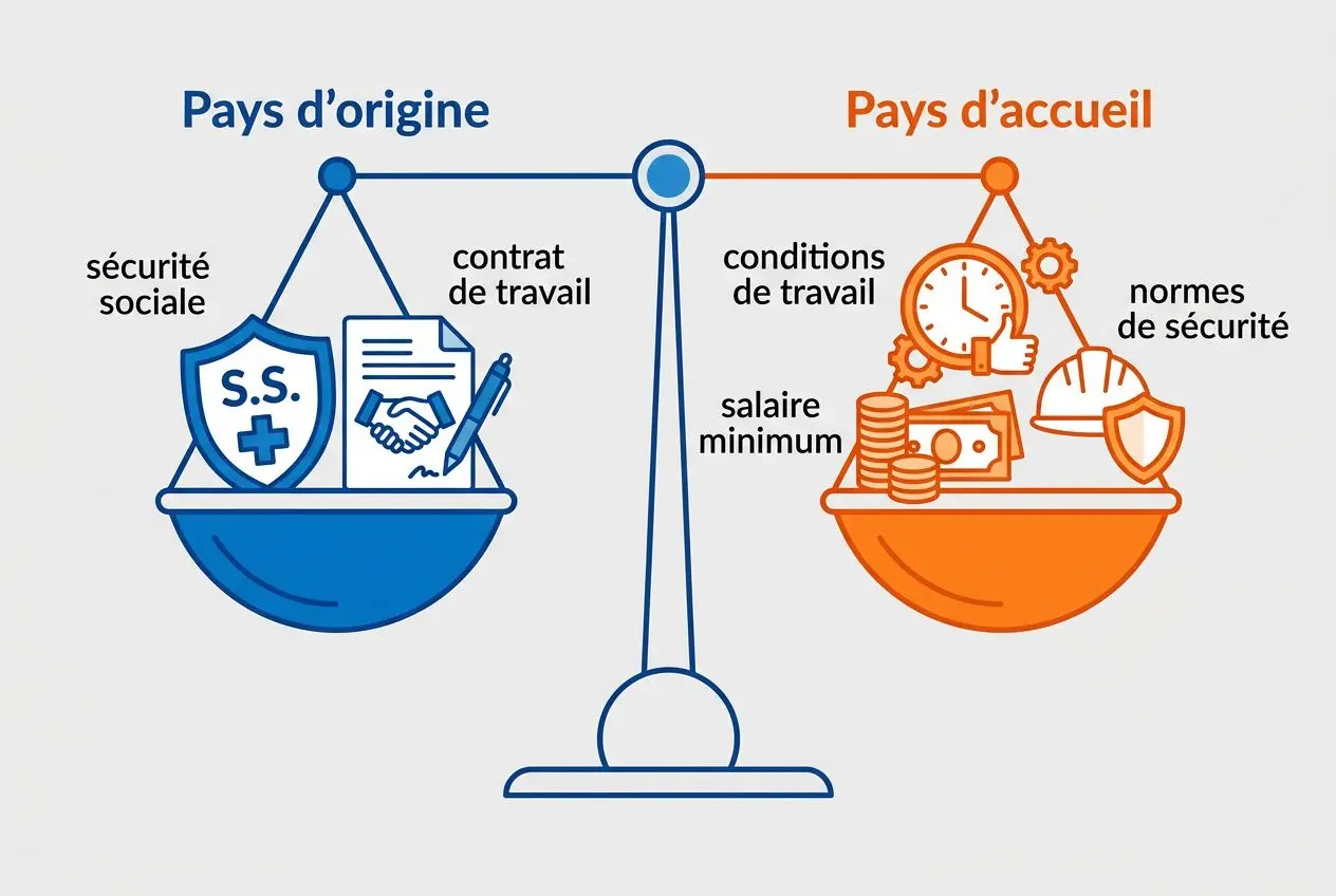 Illustration comparant les pays d’origine et d’accueil sur un équilibre: travailleurs détachés français, droits et conditions, sécurité sociale et salaire minimum.