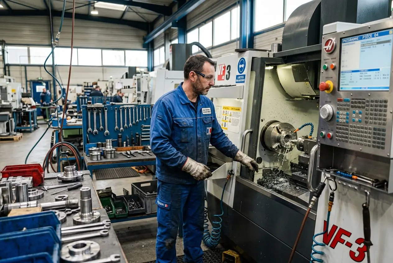 Ouvrier métallurgie en usine, opérant une machine-outil CNC, environné d’outils et de pièces, tableau de commande à l’écran. grille salaire ouvrier métallurgie 2026.