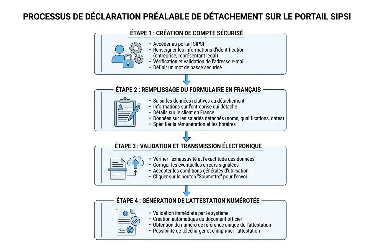 Processus de déclaration préalable de détachement sur le portail SIPSI, avec création de compte, remplissage du formulaire, validation puis génération de l’attestation numérotée. Détaillant les étapes : sécurité, vérifications et téléchargement de l’attestation. Déclaration préalable travailleur détaché.