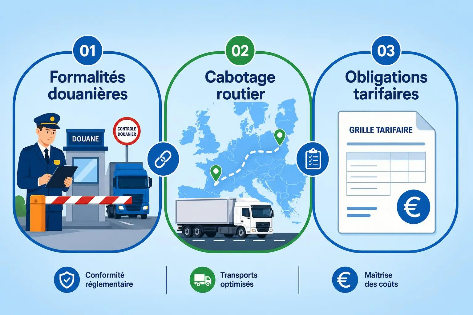 Réglementation transport international de marchandises: illustration en trois volets sur les formalités douanières, le cabotage routier et les obligations tarifaires.