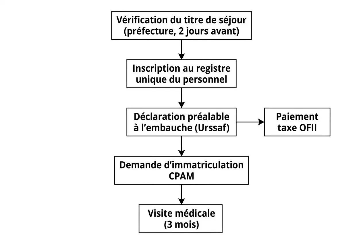 Schéma de démarches pour les formalités administratives travailleurs étrangers : vérification du titre de séjour, inscription du personnel, déclaration préalable à l’embauche, demande d’immatriculation CPAM et visite médicale (3 mois).
