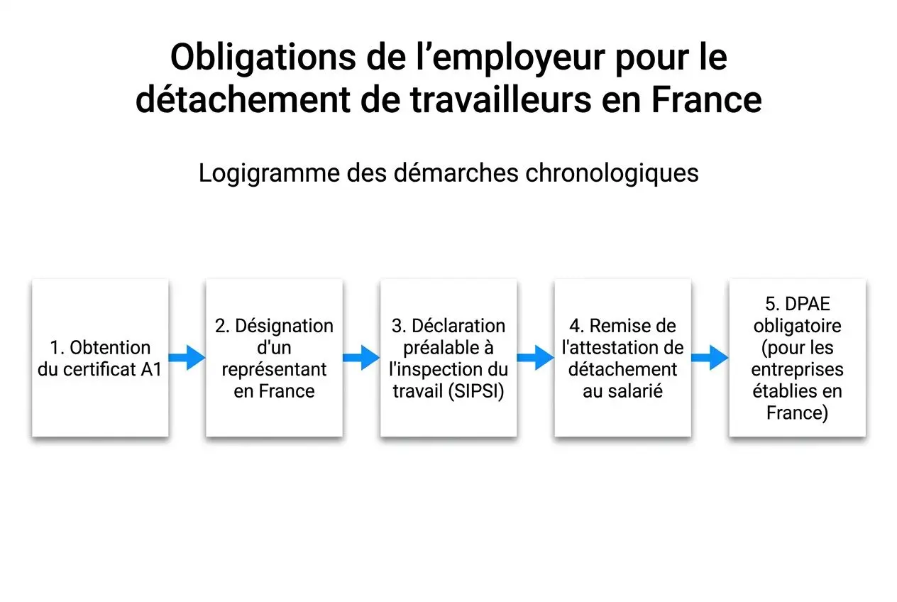 Schéma des obligations de l’employeur pour le détachement de travailleurs en France (contrat travailleur détaché) avec les étapes: obtention du certificat A1, désignation d’un représentant, déclaration préalable à l’inspection du travail, remise de l’attestation de détachement, DPAE obligatoire.