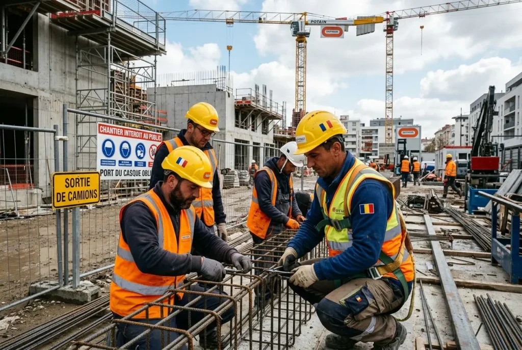 Travailleurs sur un chantier, casque jaune et gilets adaptés, manipulant des cadres en fer et du matériel de construction. Signes et structures visibles autour.