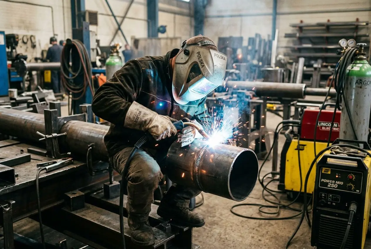 Travailleurs qualifiés polonais à l’œuvre: un ouvrier porte un casque et protège-visage en train de souder un gros tube métallique dans un atelier industriel.