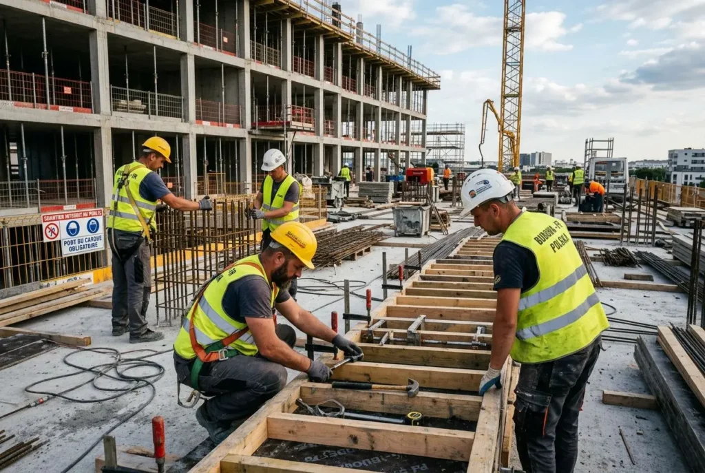 Travailleurs qualifiés polonais sur un chantier: ouvriers portant casques et gilets jaunes, construction en cours avec structure en bois et ciment.