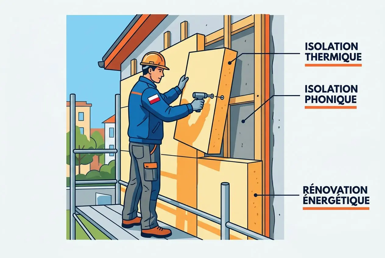 Travailleurs qualifiés polonais installant des panneaux sur un chantier avec isolation thermique et phoniqe et rénovation énergétique