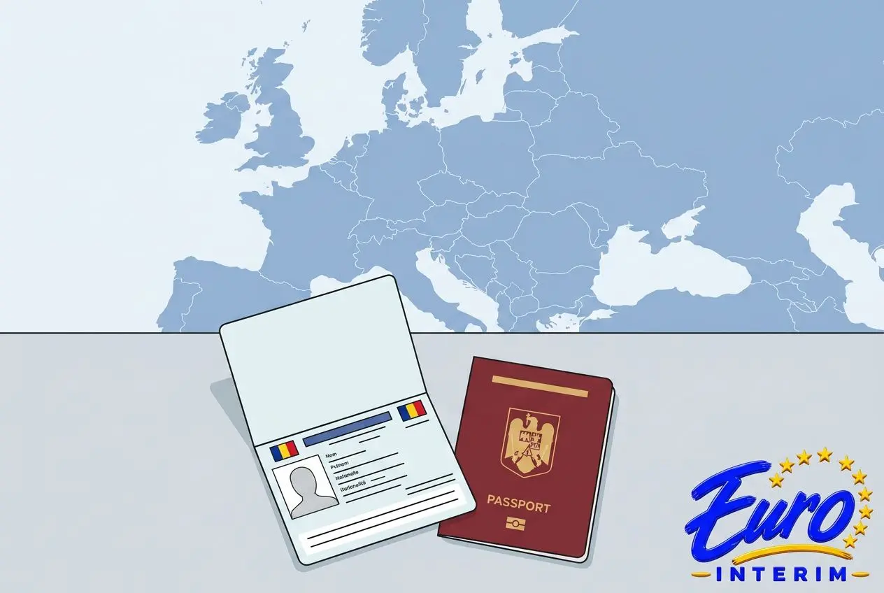 Cartes d’identité et passeport sur fond de carte de l’Europe, symbole de l’égalité de libre circulation pour les Roumains. Autorisation de travail en France pour les roumains intégrée au contexte.