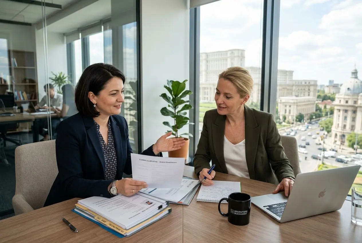 Deux professionnelles en réunion d'affaires dans un bureau lumineux, discutant des documents et d’un ordinateur portable.