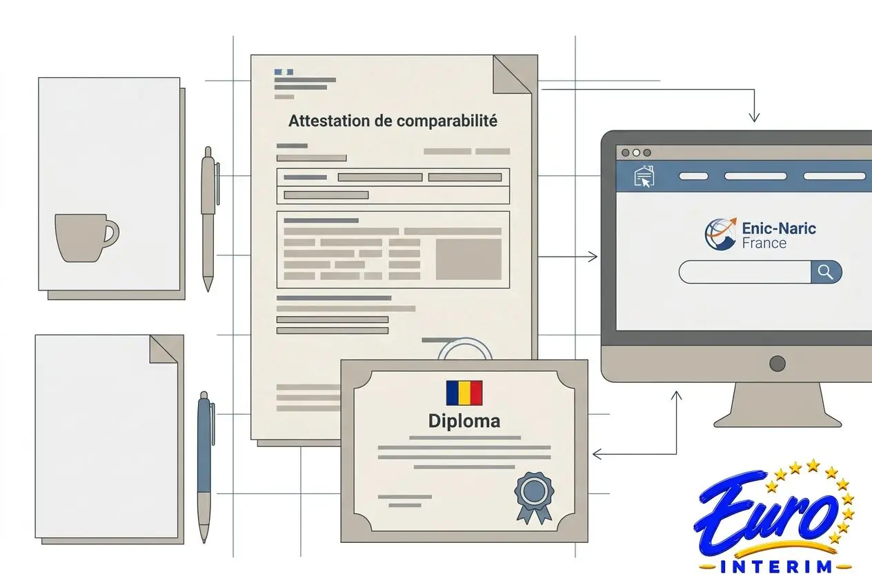 Diplôme roumain reconnu en France: image montrant des documents officiels (attestation de comparabilité et diplôme) et un ordinateur Enic-Naric France, symboles UE, suggérant les démarches de reconnaissance.