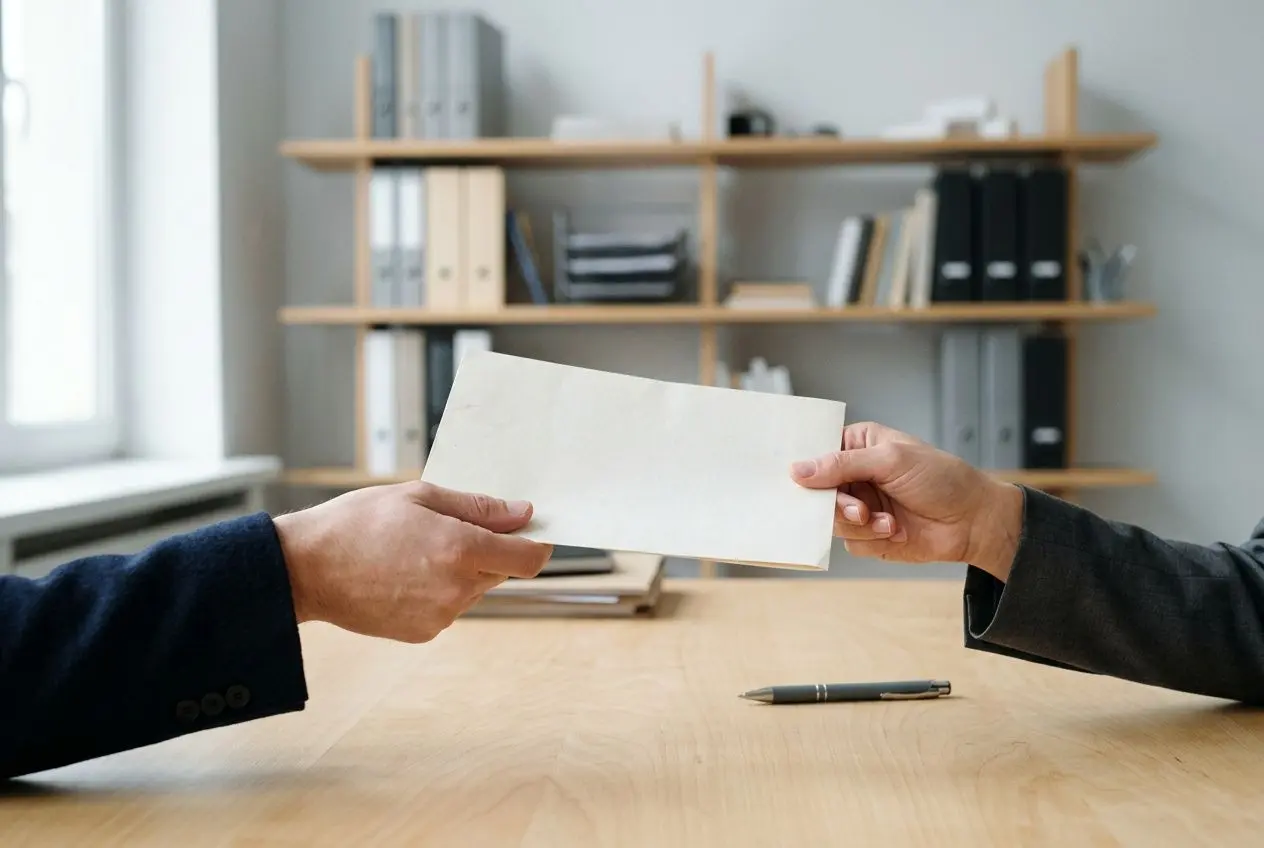 Échange de document administratif entre deux personnes lors d’une rencontre professionnelle.