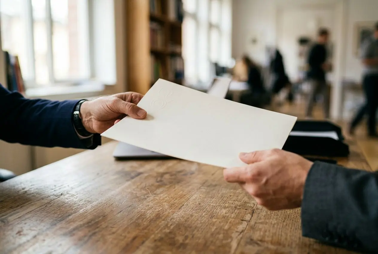 Échange de documents entre deux personnes lors d’un traitement administratif, symbolisant le détachement salarié privé et les formalités associées.