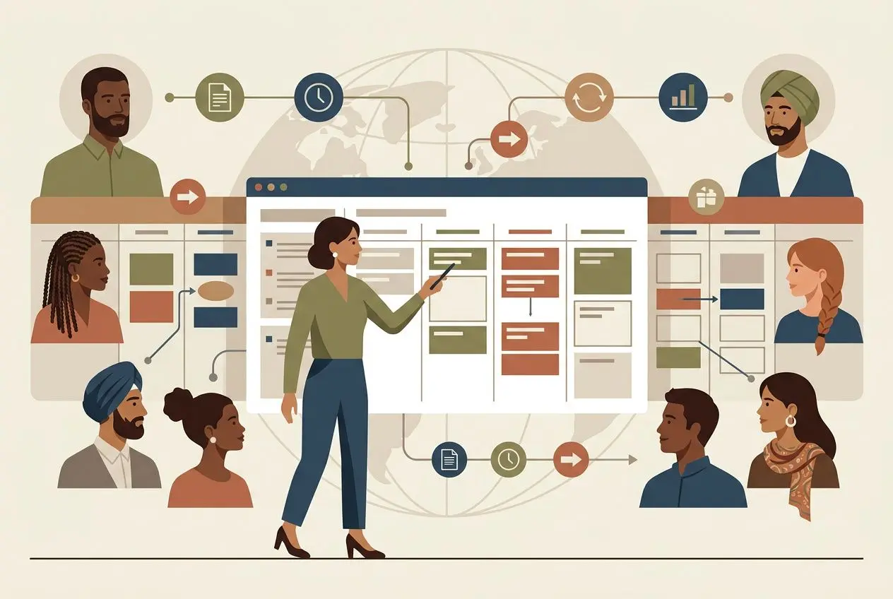 Equipe autour d’un tableau Kanban de gestion projet recrutement international, avec des échanges et réseaux mondiaux à l’arrière-plan.