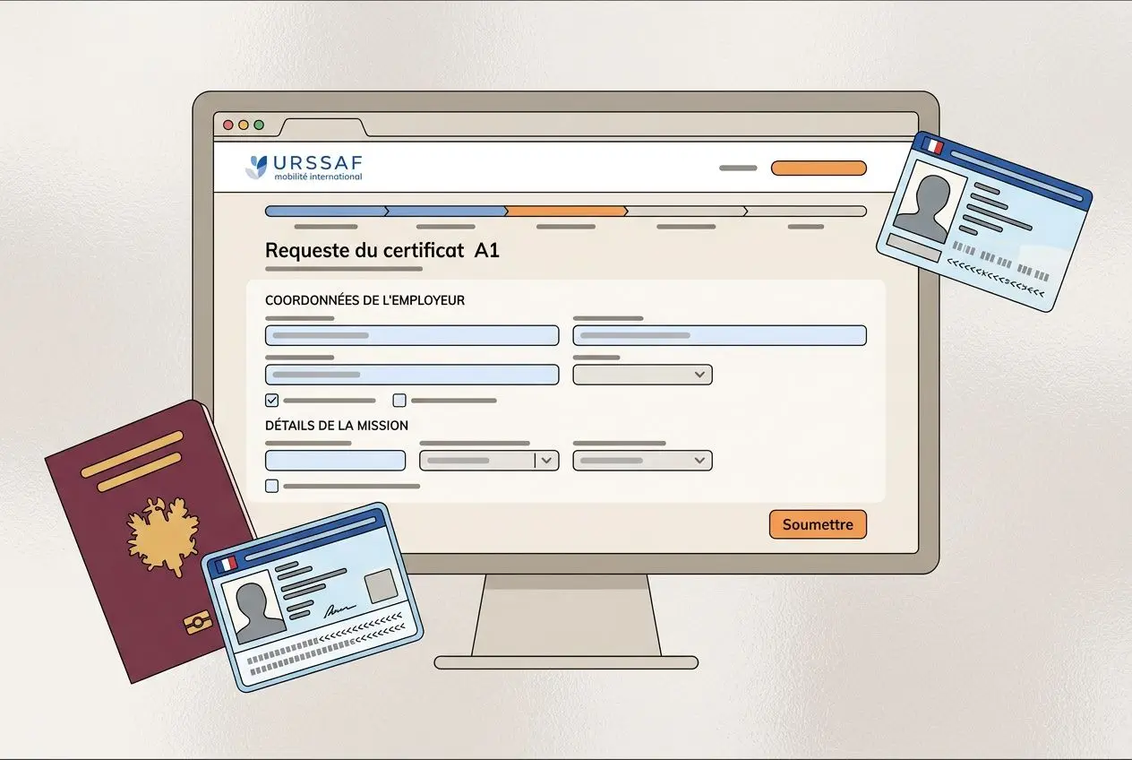 Formulaire a1 pour un salarié détaché illustré sur un écran d’ordinateur avec pièces d’identité et passeport autour, symbolisant une demande de certificat A1.