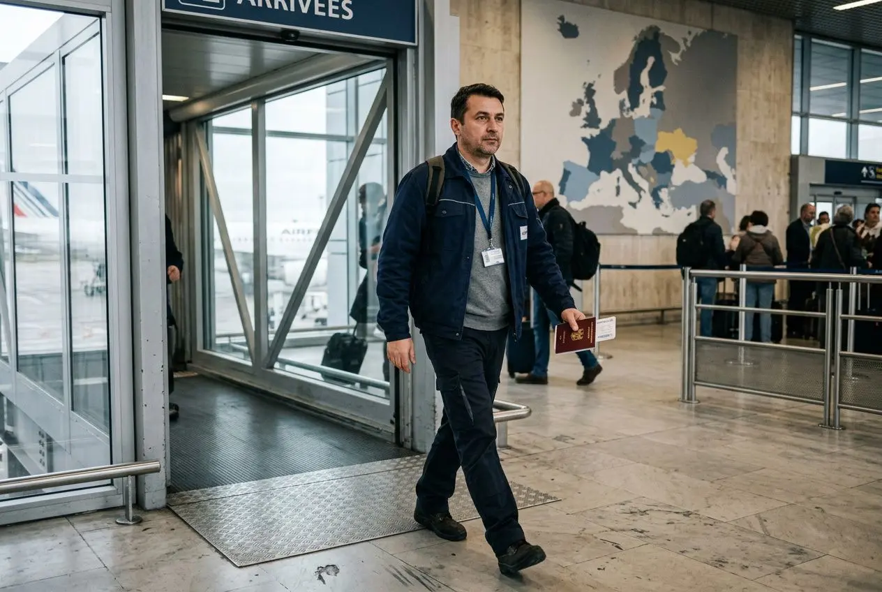 Homme marchant hors d’un aéroport avec badge et passeport, entrée/sortie voyageurs près du panneau Arrivées, carte du monde au mur. autorisation de travail en france pour les roumains.