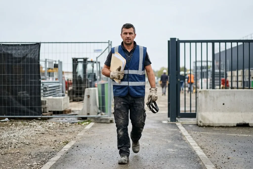 Homme travailleur entrant sur un chantier, gilet réfléchissant bleu, carnet et casque en main, à l’entrée d’un site de construction. coordonner arrivée travailleurs roumains