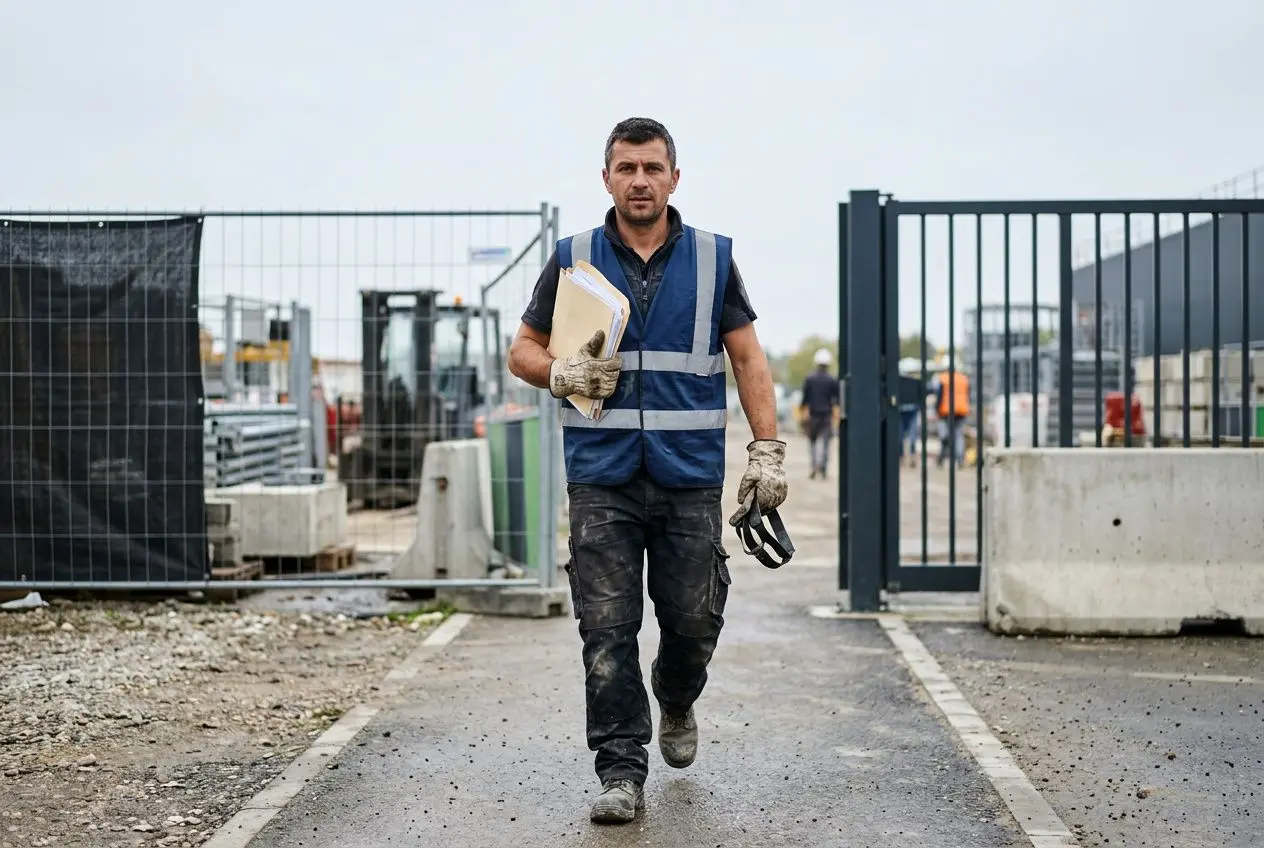 Homme travailleur entrant sur un chantier, gilet réfléchissant bleu, carnet et casque en main, à l’entrée d’un site de construction. coordonner arrivée travailleurs roumains