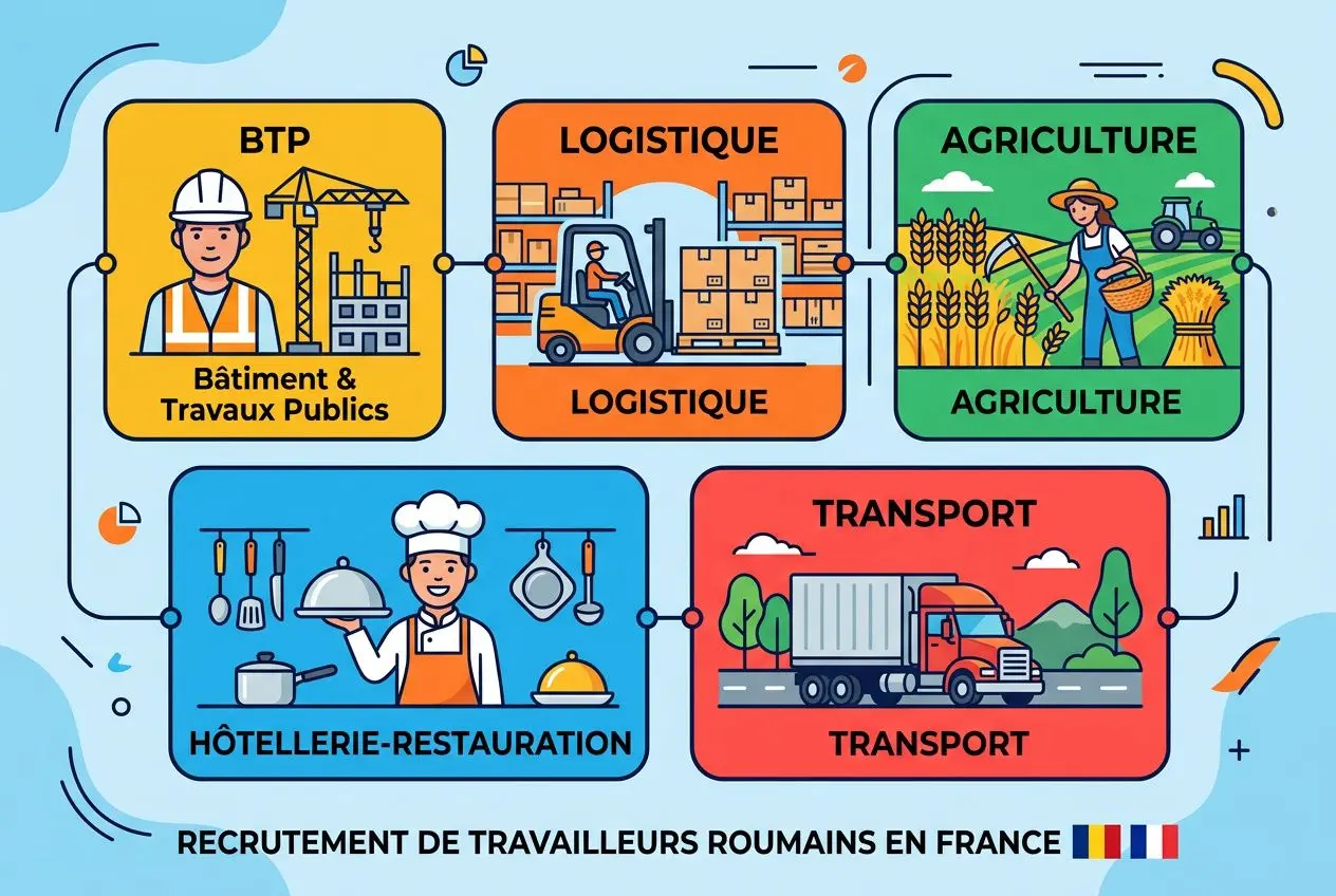 Illustration colorée montrant des métiers et secteurs: BTP, Logistique, Agriculture, Hôtellerie-Restauration et Transport, avec un ouvrier en casque et des icônes liées au travail; texte en bas: 'RECRUTEMENT DE TRAVAILLEURS ROUMAINS EN FRANCE'.