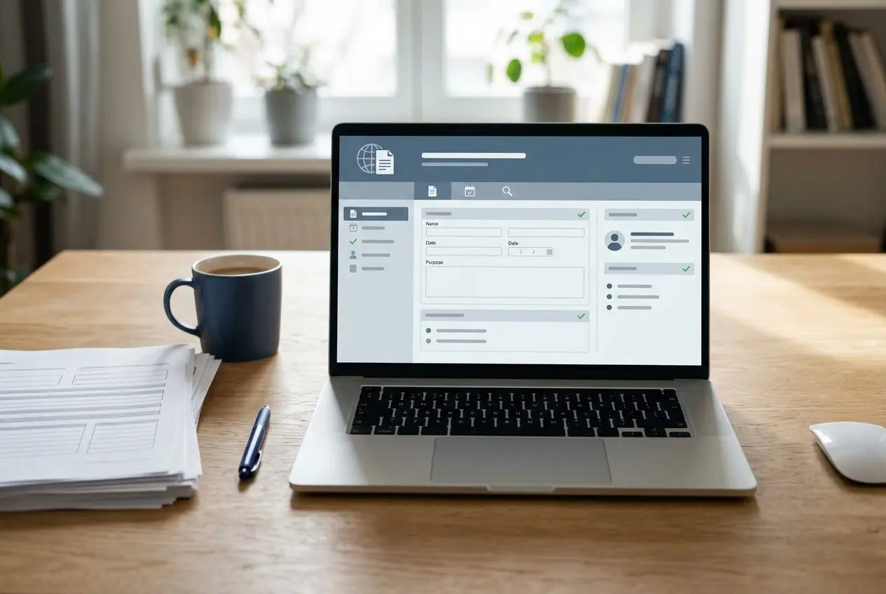 Ordinateur portable affichant un formulaire numérique sur l’écran, bureau en bois avec des papiers, une tasse et une plume à proximité, contexte lié à la déclaration préalable au détachement salarié.