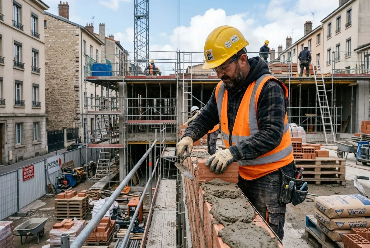 Ouvrier roumain détaché France : homme sur un chantier, casque jaune et gilet orange, posant des briques et ciment sur un mur en construction.