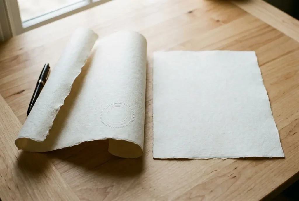 Papiers vierges et rouleau esquissé sur une table en bois, avec un stylo noir posé à côté. Seuls documents non écrits visibles. (diplôme roumain reconnu en france)