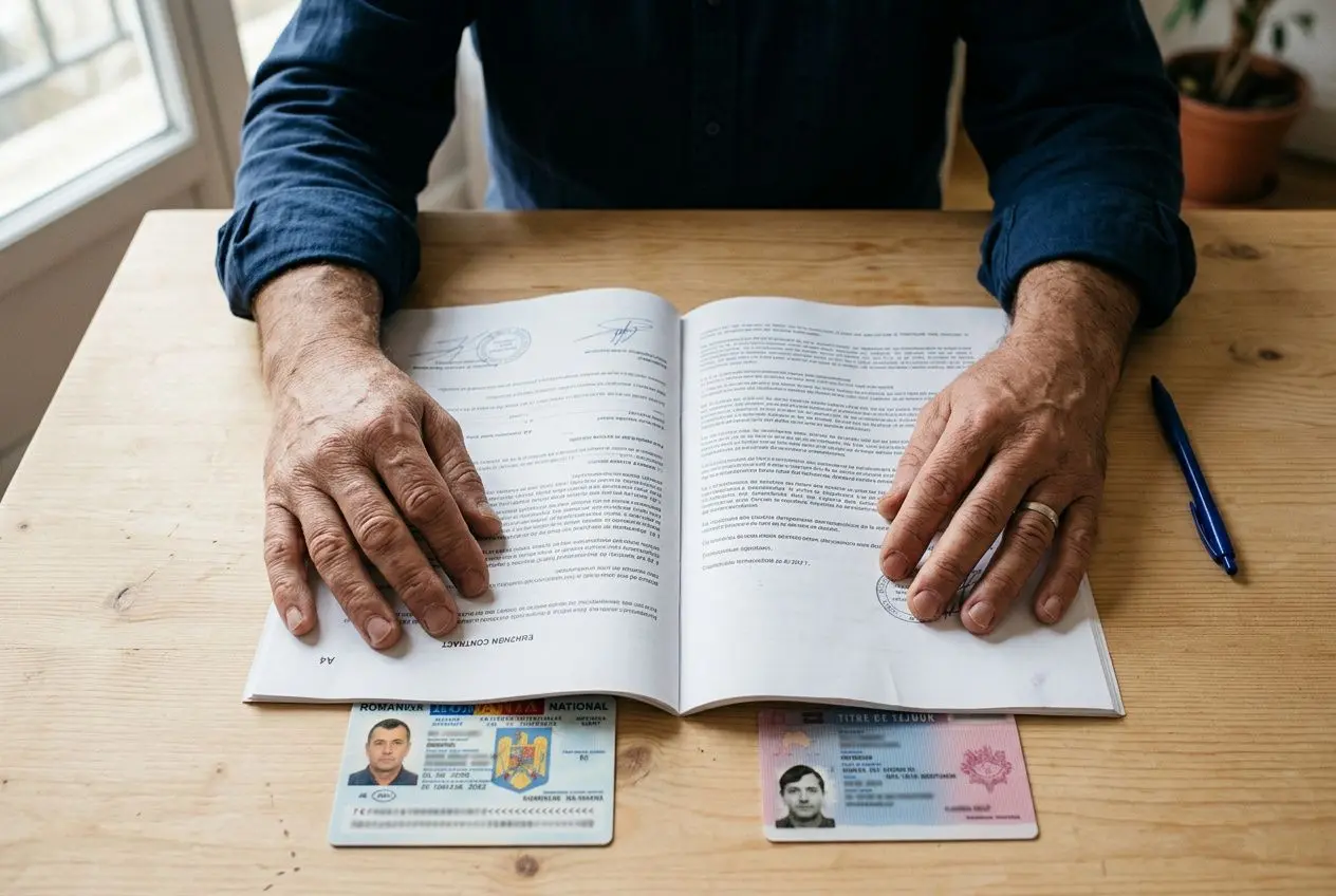 Personne consultante un document officiel ouvert sur une table, avec deux cartes d’identité roumaines et un stylo à côté. Diplôme roumain reconnu en France intégré de manière fluide.