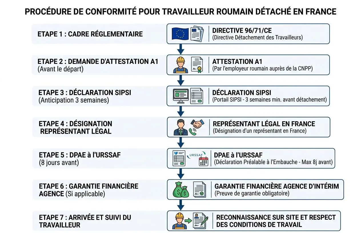 Procédure de conformité pour travailleur roumain détaché en France : étapes - cadre réglementaire, attestation A1, déclaration SIPS, représentant légal, DPAE URSSAF, garantie financière, puis arrivée et suivi du travailleur. texte clair et illustratif.