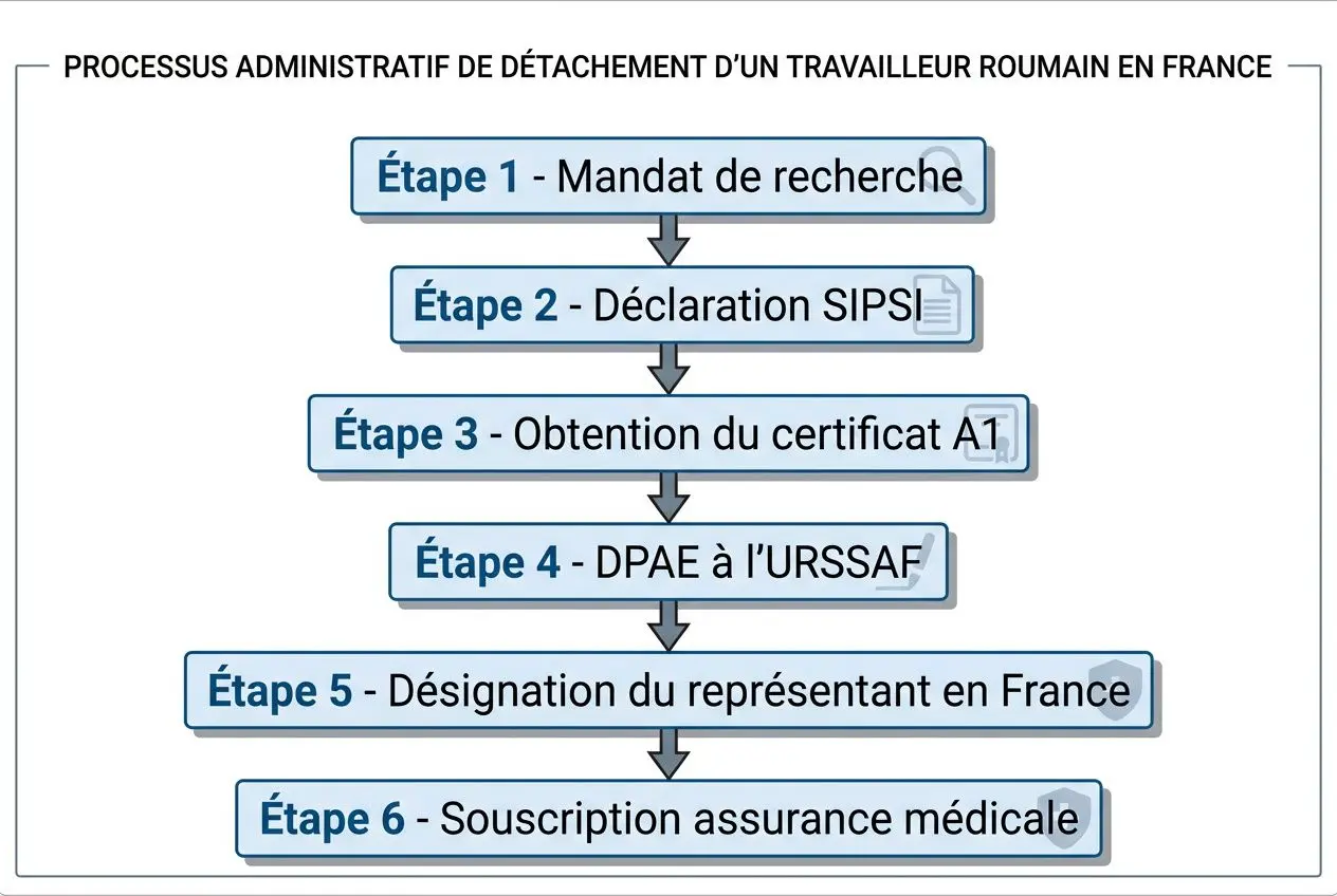 Processus administratif de détachement d’un travailleur roumain en France: étapes vers l’obtention du certificat A1 et DPAE, puis désignation du représentant et assurance médicale. (ouvrier roumain détaché France)