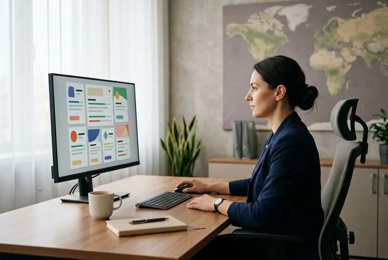 Someone working at a desk with a large monitor displaying colorful charts, near a world map; coffee cup, notebook and pen nearby. Gestion projet recrutement international fate visible.