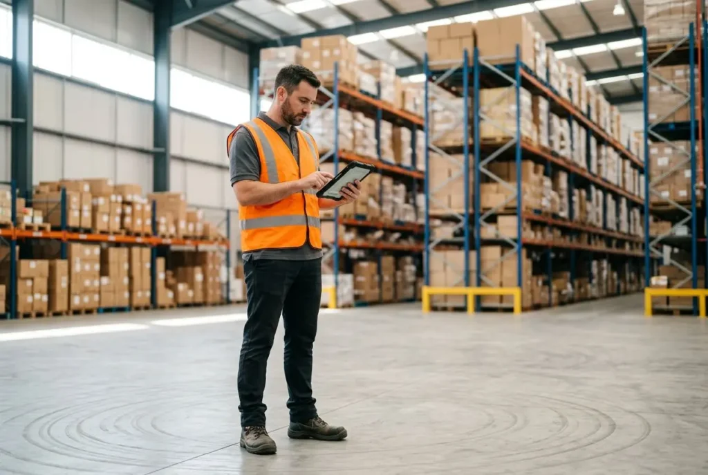 Agent logistique sur le site, consulté sur tablette, entouré de rayonnages et palettes, détail visuel de la logistique salaire net