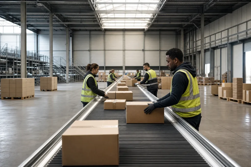 Agents en entrepôt sur une chaîne de tri, manipulant des colis sur un tapis roulant dans un grand espace logistique. salaire d'un logistique et transport.